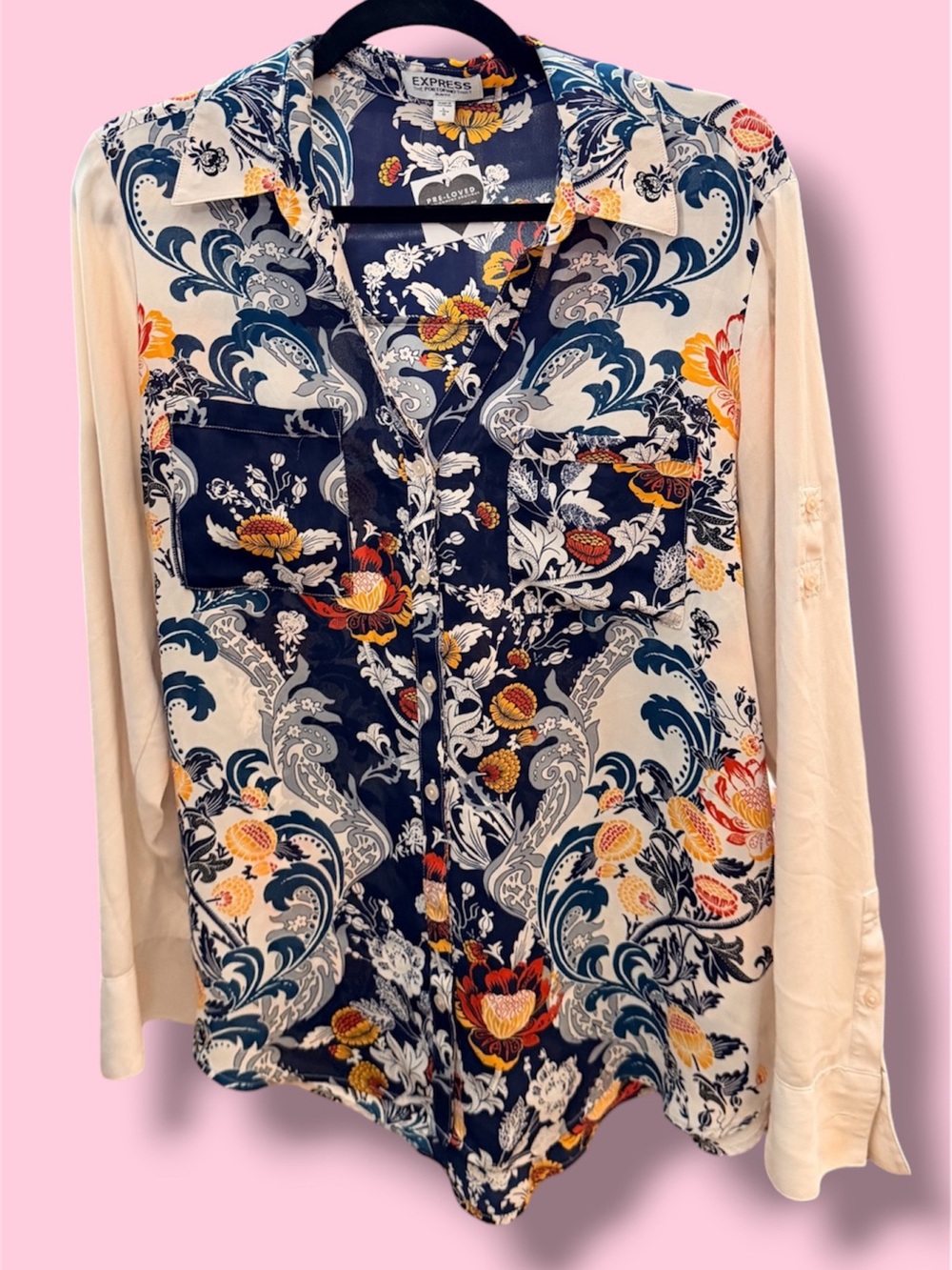 Express Navy Floral Button-Up Shirt with Yellow & White Blooms
